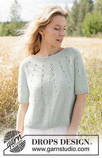 Mint Halo Sweater / DROPS 266-33 - Knitted jumper in DROPS Cotton Merino or DROPS Belle. The piece is worked top down with round yoke, lace pattern on the yoke and short sleeves. Sizes XS - XXXL.