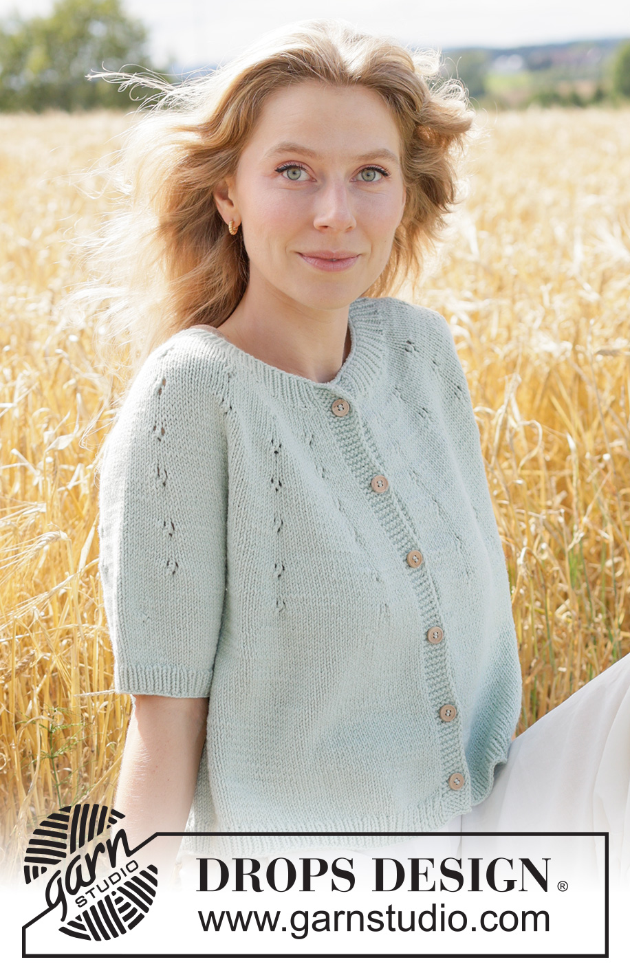 Mint Halo Cardigan / DROPS 266-34 - Knitted jacket in DROPS Cotton Merino or DROPS Belle. The piece is worked top down with round yoke, lace pattern on the yoke, I-cord and short sleeves. Sizes XS - XXXL.