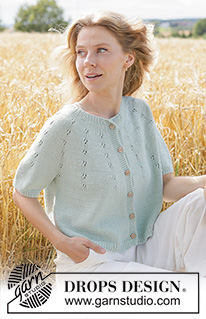 Mint Halo Cardigan / DROPS 266-34 - Knitted jacket in DROPS Cotton Merino or DROPS Belle. The piece is worked top down with round yoke, lace pattern on the yoke, I-cord and short sleeves. Sizes XS - XXXL.