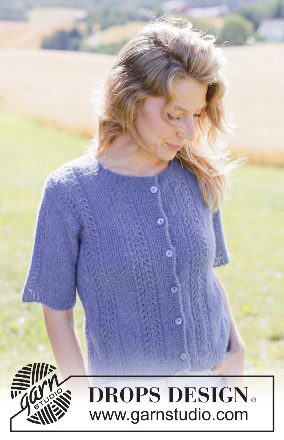 Lilac Serenade Cardigan / DROPS 266-9 - Knitted jacket with short sleeves in DROPS Brushed Alpaca Silk. The piece is worked top down with knitted-up sleeves and lace pattern. Sizes XS - XXXL.