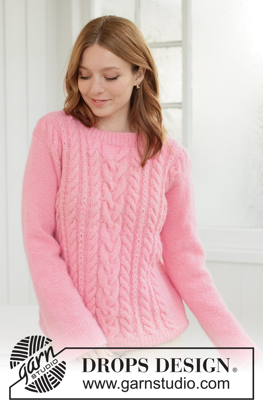 Pink Marshmallow Sweater / DROPS 267-13 - DROPS Air lõngast alt üles kootud palmikutega džemper suurustele XS kuni XXXL