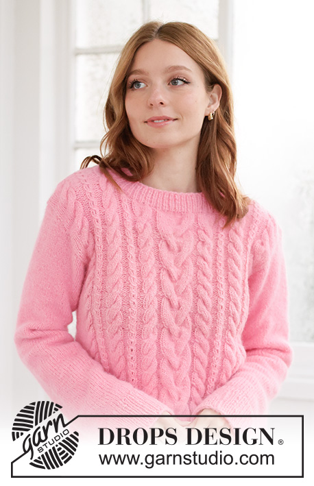 Pink Marshmallow Sweater / DROPS 267-13 - DROPS Air lõngast alt üles kootud palmikutega džemper suurustele XS kuni XXXL