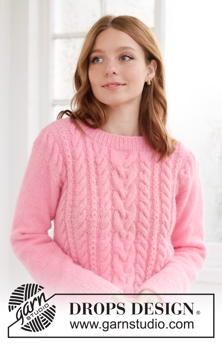 Pink Marshmallow Sweater / DROPS 267-13 - DROPS Air lõngast alt üles kootud palmikutega džemper suurustele XS kuni XXXL