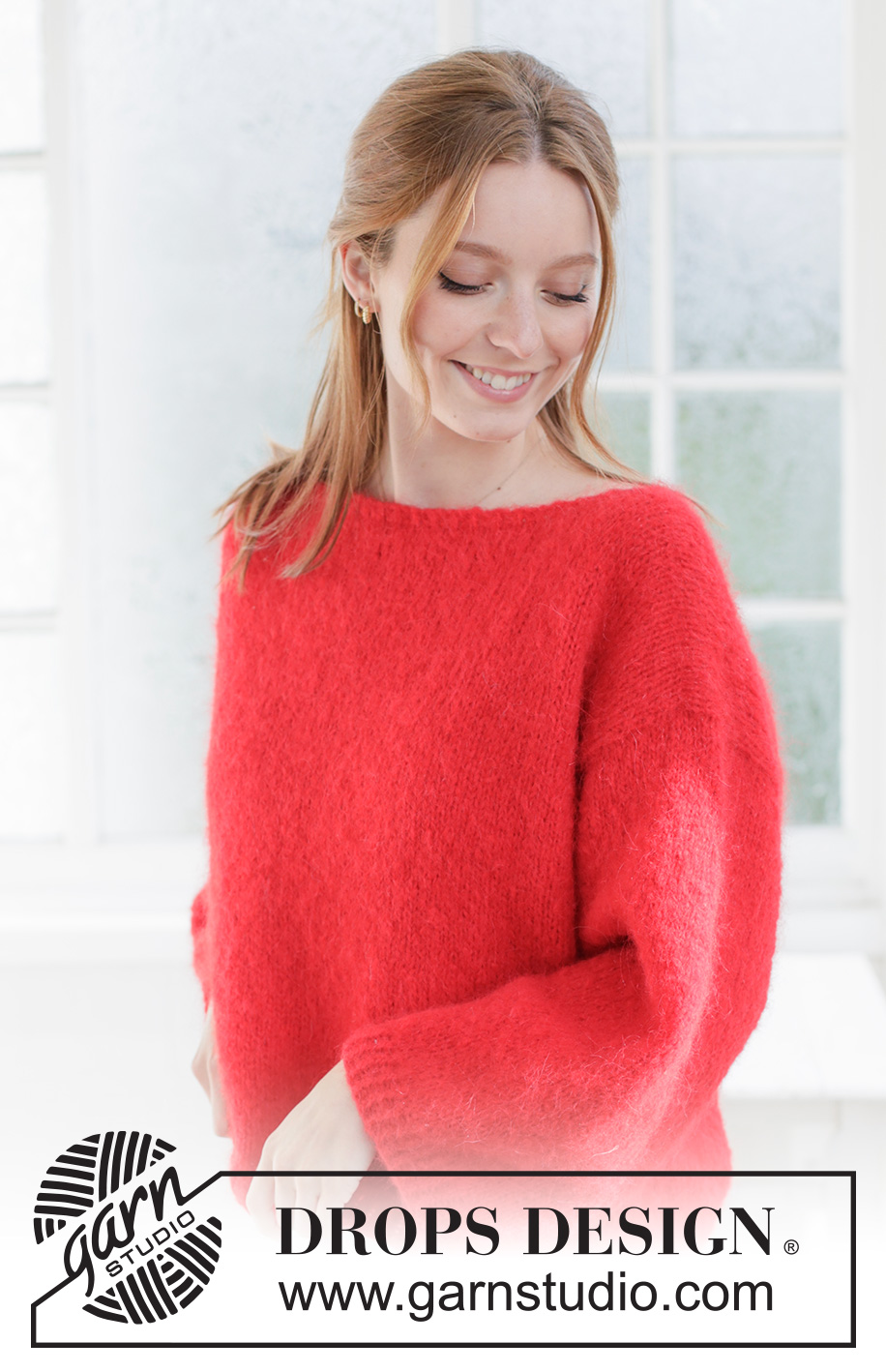 Crimson Treasure Sweater / DROPS 267-14 - Ylhäältä alas neulottu oversize-pusero DROPS Melody-langasta. Työssä on sileää neuletta, venepääntie ja viistotut olkapäät. Koot XS - XXXL.