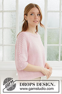 Elodie Lace Sweater / DROPS 267-15 - Ylhäältä alas neulottu pusero DROPS Muskat- tai DROPS Belle-langasta. Työssä on ¾-pituiset hihat, sileää neuletta ja raglanlinjat. Hihoissa on pitsineuletta. Koot XS - XXXL.