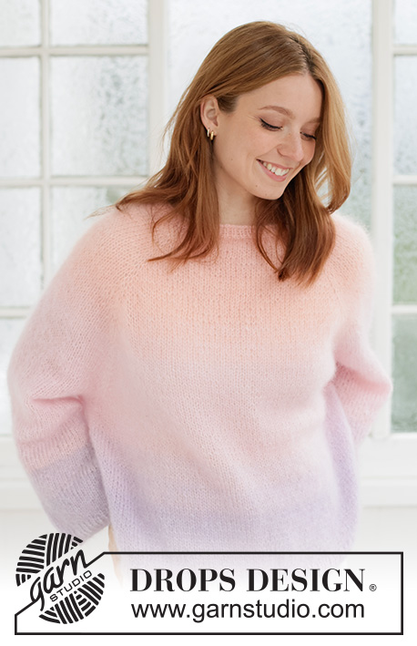 Sunset Sorbet Sweater / DROPS 267-17 - Knitted over-sized sweater in 3 strands DROPS Kid-Silk. The piece is worked top down in stockinette stitch with raglan and tone-on-tone stripes. Sizes XS - XXXL.