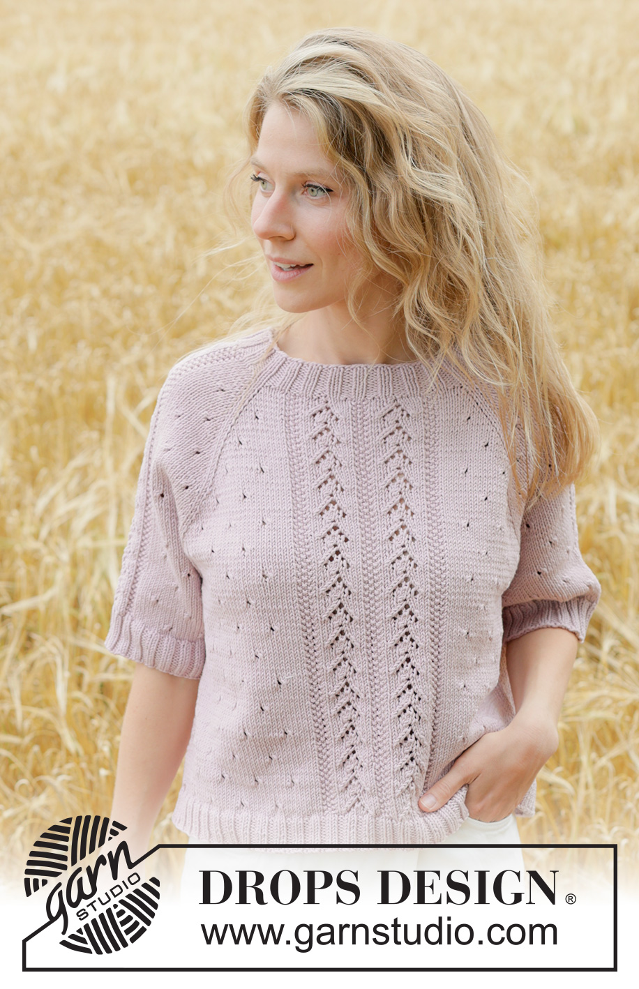 Rose Blossom Top / DROPS 267-19 - Knitted jumper in DROPS Muskat. Piece is knitted top down with raglan, lace pattern and short sleeves. Size XS – XXXL.