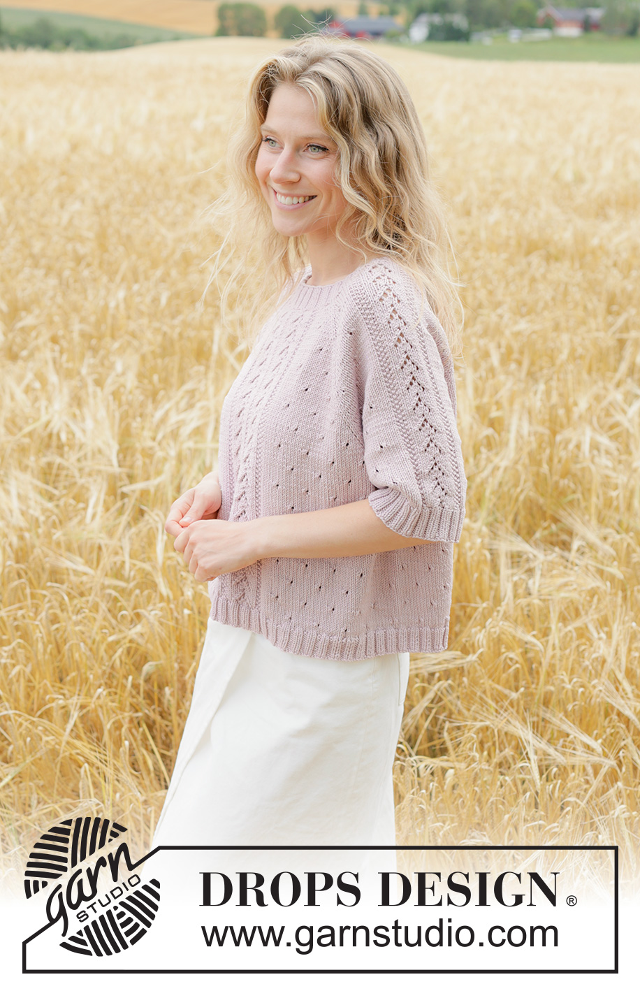 Rose Blossom Top / DROPS 267-19 - Knitted jumper in DROPS Muskat. Piece is knitted top down with raglan, lace pattern and short sleeves. Size XS – XXXL.