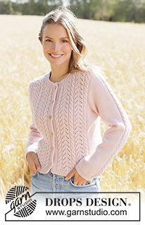Forever Rose Cardigan / DROPS 267-2 - Propínací svetr s copánkovým a krajkovým vzorem pletený zdola nahoru z příze DROPS Daisy nebo DROPS Cotton Merino. Velikost XS - XXXL.