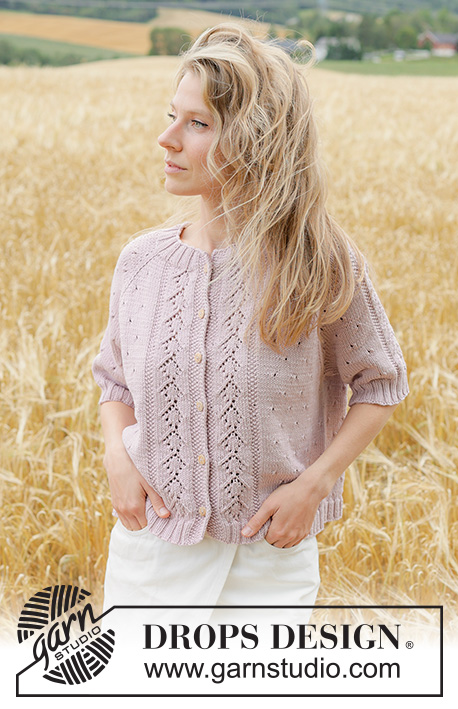 Rose Blossom Cardi / DROPS 267-20 - Strikket cardigan i DROPS Muskat. Arbejdet strikkes oppefra og ned med raglan, hulmønster og korte ærmer. Størrelse XS - XXXL.