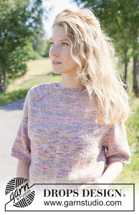 Fairytale Summer Tee / DROPS 267-21 - Ylhäältä alas neulottu pusero DROPS Fiesta-langasta. Työssä on sileää neuletta, raglanlinjat ja lyhyet hihat. Koot XS - XXXL.