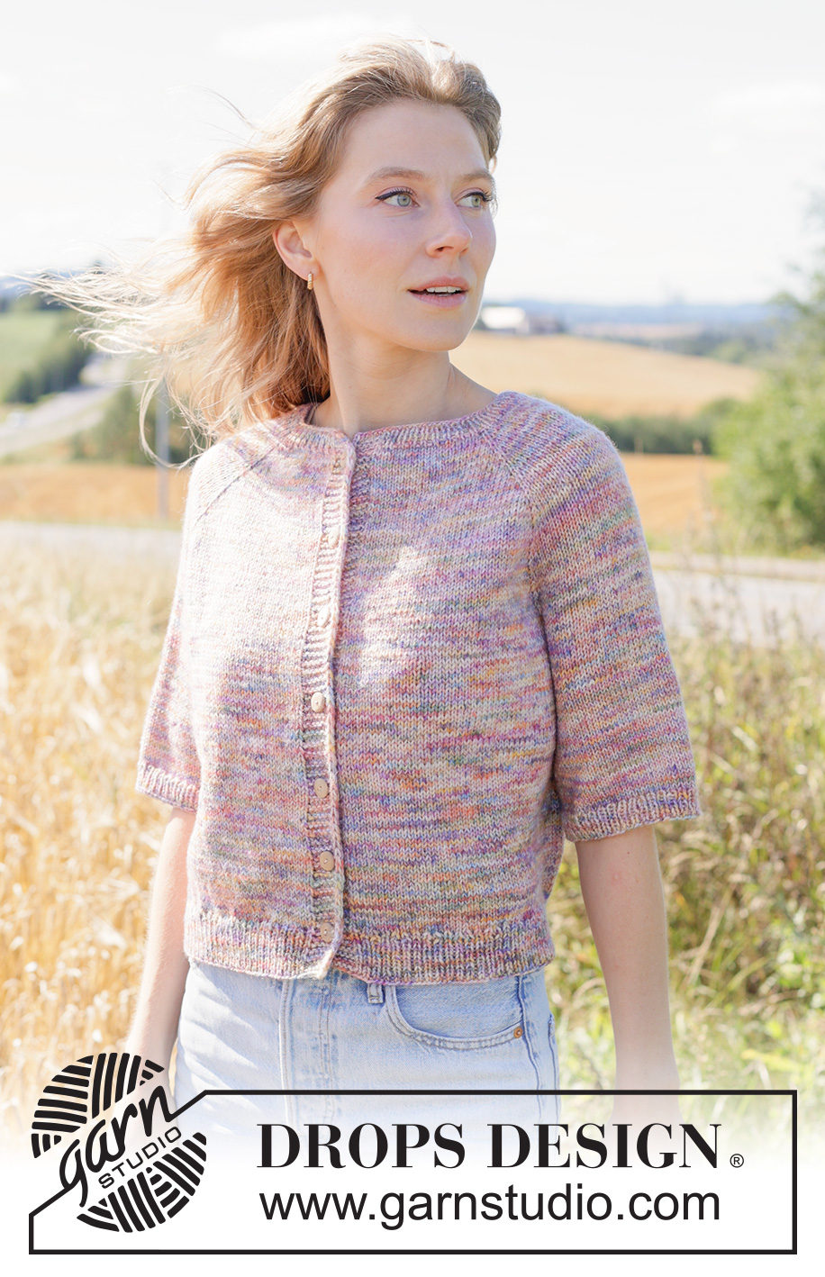 Fairytale Summer Cardigan / DROPS 267-22 - Ylhäältä alas neulottu jakku DROPS Fiesta-langasta. Työssä on raglanlinjat, sileää neuletta, i-cord-reunus ja lyhyet hihat. Koot XS - XXXL.