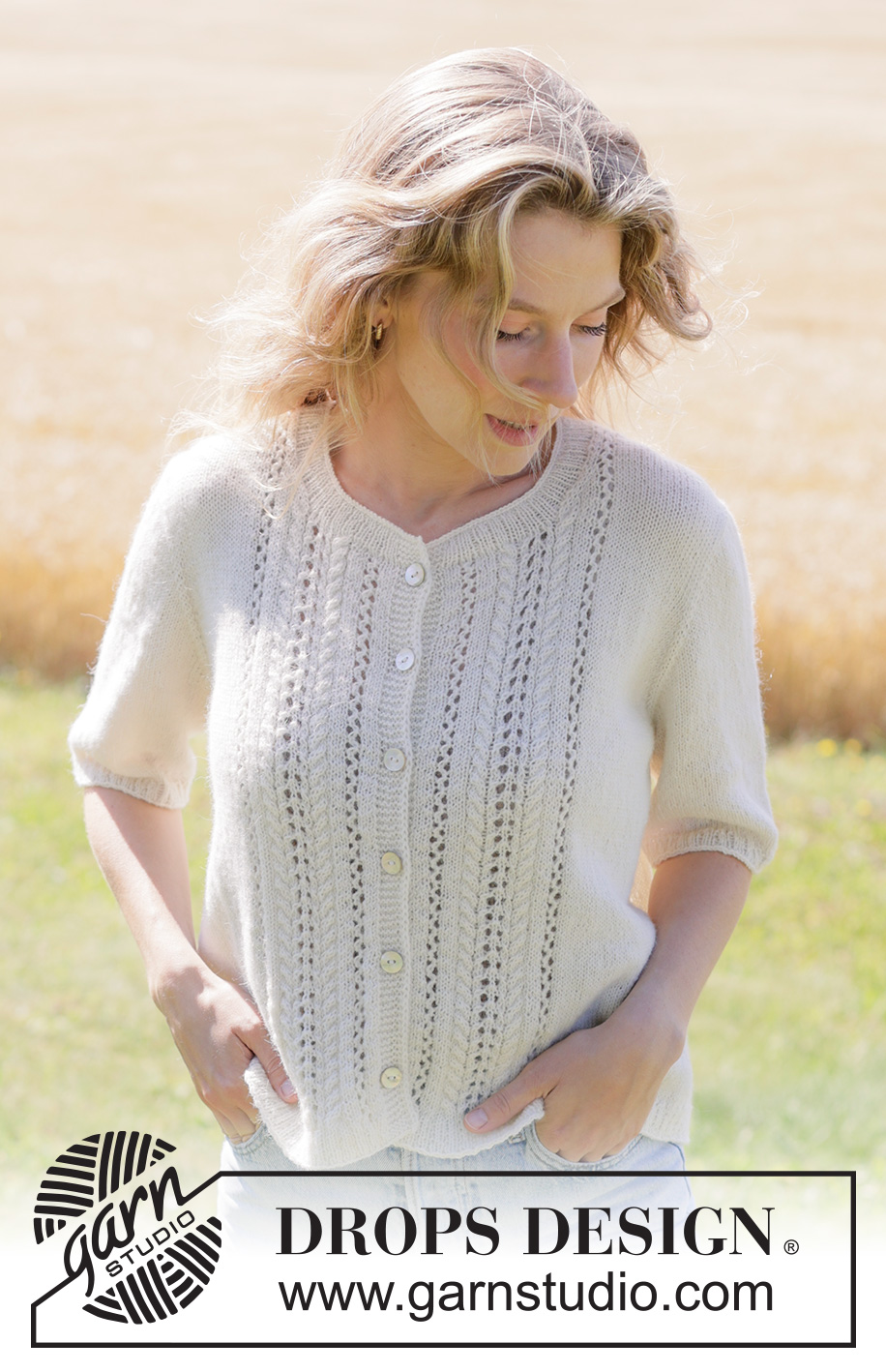 Blooming Lace Cardigan / DROPS 267-23 - Strikket jakke med korte ermer i DROPS Nord. Arbeidet strikkes ovenfra og ned med europeisk bærestykke, hullmønster og i-cord. Størrelse XS - XXXL.