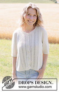 Blooming Lace Cardigan / DROPS 267-23 - Strikket jakke med korte ermer i DROPS Nord. Arbeidet strikkes ovenfra og ned med europeisk bærestykke, hullmønster og i-cord. Størrelse XS - XXXL.