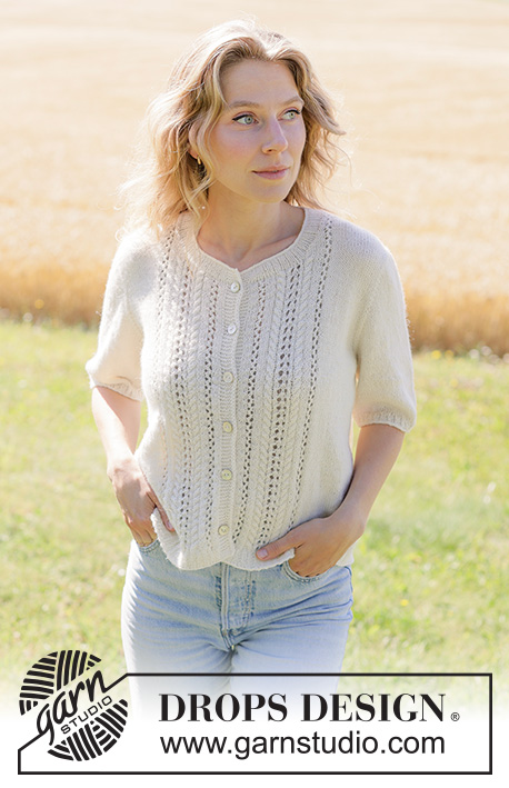 Blooming Lace Cardigan / DROPS 267-23 - Strikket jakke med korte ermer i DROPS Nord. Arbeidet strikkes ovenfra og ned med europeisk bærestykke, hullmønster og i-cord. Størrelse XS - XXXL.