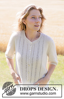 Blooming Lace Cardigan / DROPS 267-23 - Strikket jakke med korte ermer i DROPS Nord. Arbeidet strikkes ovenfra og ned med europeisk bærestykke, hullmønster og i-cord. Størrelse XS - XXXL.