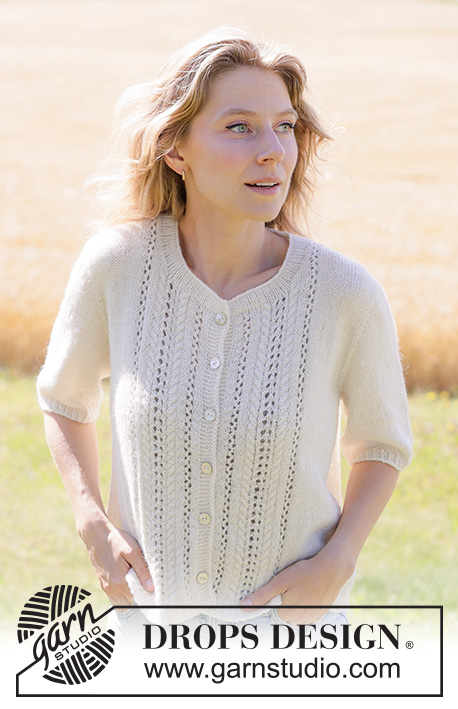 Blooming Lace Cardigan / DROPS 267-23 - Strikket jakke med korte ermer i DROPS Nord. Arbeidet strikkes ovenfra og ned med europeisk bærestykke, hullmønster og i-cord. Størrelse XS - XXXL.