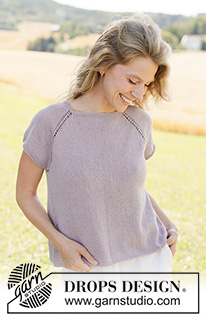 Grey Orchid Top / DROPS 267-24 - Top de punto en DROPS Safran. La pieza está tejida de arriba hacia abajo en punto jersey con raglán, mangas cortas y surcos. Tallas XS – XXXL.