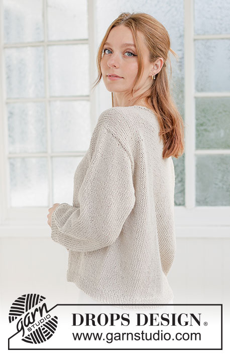 Sand Walk Sweater / DROPS 267-27 - Ylhäältä alas neulottu pusero DROPS Bomull-Lin -langasta. Työssä on sileää neuletta, venepääntie ja viistotut olkapäät. Koot XS - XXXL.