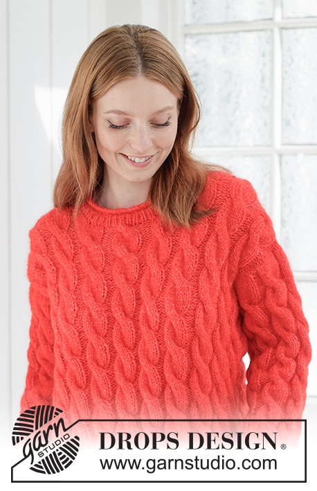 Queen of Cables Sweater / DROPS 267-28 - Knitted jumper in DROPS Air and DROPS Kid-Silk. The piece is worked top down with diagonal/European shoulders, cables and rolled neck-edge. Sizes XS - XXXL.