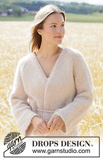 Spring Hug Wrap / DROPS 267-3 - Raglánový zavinovací svetr s dutinkou a páskem pletený shora dolů lícovým žerzejem z přízí DROPS Air a DROPS Melody. Velikosti: XS - XXXL.