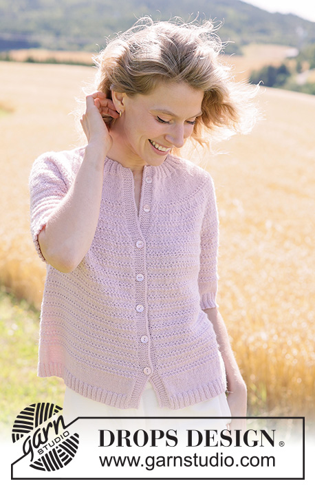 Rose Cloud Cardigan / DROPS 267-32 - Propínací svetr s krátkým rukávem, kruhovým sedlem a plastickým vzorem pletený shora dolů z příze DROPS Alpaca nebo DROPS Flora. Velikost XS - XXXL.