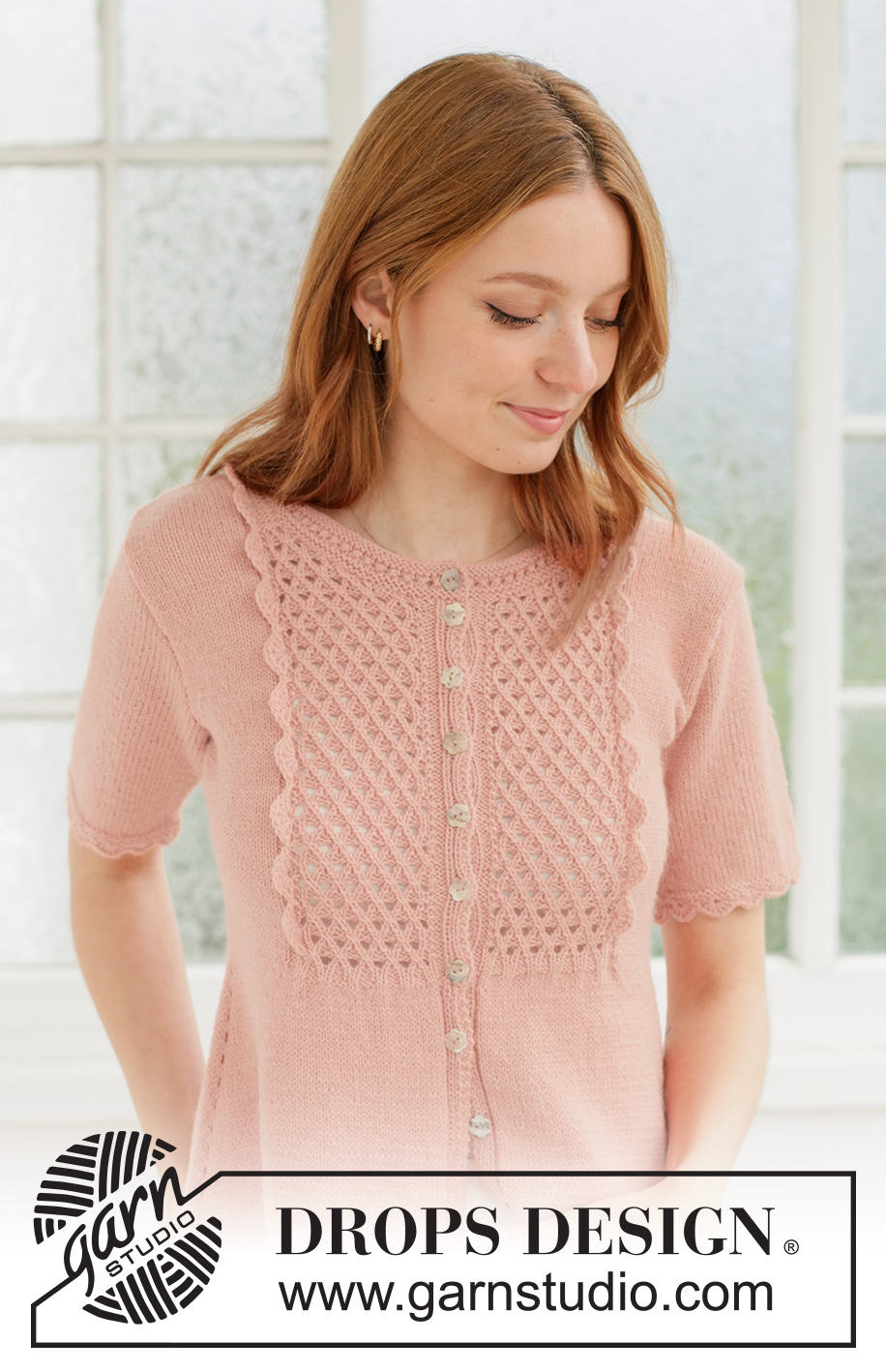 Pretty Jane Cardigan / DROPS 267-35 - Knitted jacket in DROPS Flora. The piece is worked top down with lace pattern on the front pieces, A-shape, crocheted edges and short sleeves. Sizes XS - XXXL.