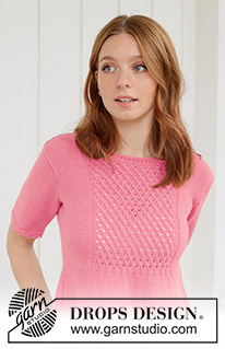 Strawberry Pie Tee / DROPS 267-36 - Knitted sweater with short sleeves in DROPS Flora. Piece is knitted top down with lace pattern on front piece, A-shape and crocheted edges. Size XS – XXXL.