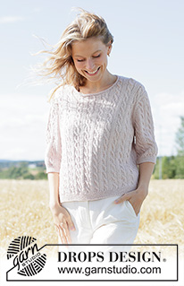 Country Vine Sweater / DROPS 267-4 - Gebreide trui in DROPS Cotton Merino of DROPS Belle. Het werk wordt van boven naar beneden gebreid met Europese pas, korte mouwen, kabels en PUNNIKRAND. Maten XS - XXXL.