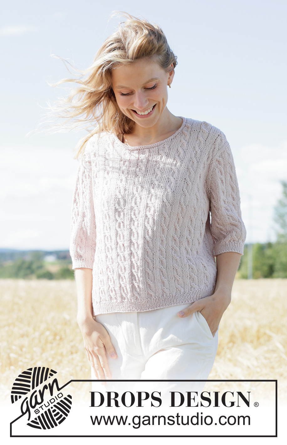 Country Vine Sweater / DROPS 267-4 - Gebreide trui in DROPS Cotton Merino of DROPS Belle. Het werk wordt van boven naar beneden gebreid met Europese pas, korte mouwen, kabels en PUNNIKRAND. Maten XS - XXXL.
