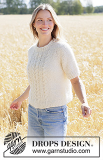 Barley Twist Sweater / DROPS 267-9 - Knitted jumper in DROPS Alpaca Bouclé and DROPS Kid-Silk. The piece is worked top down in stocking stitch with European yoke and cables. Sizes XS - XXXL.