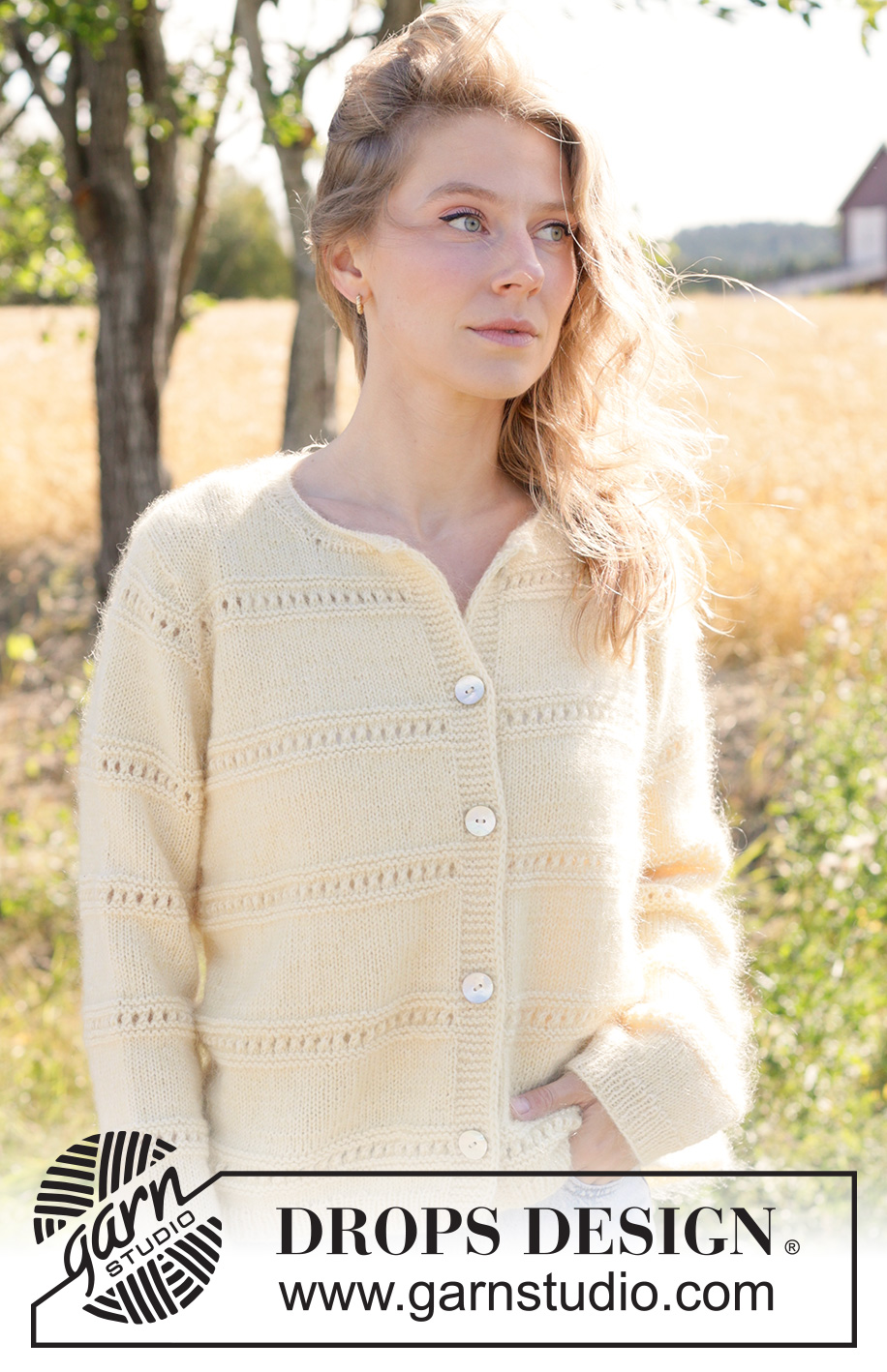 Soft Daffodil Cardigan / DROPS 268-13 - Knitted jacket in 1 strand DROPS Baby Merino and 1 strand DROPS Kid-Silk. The piece is worked top down in stocking stitch with European yoke, rolled neck-edge, I-cord and lace pattern.  Sizes XS - XXXL.