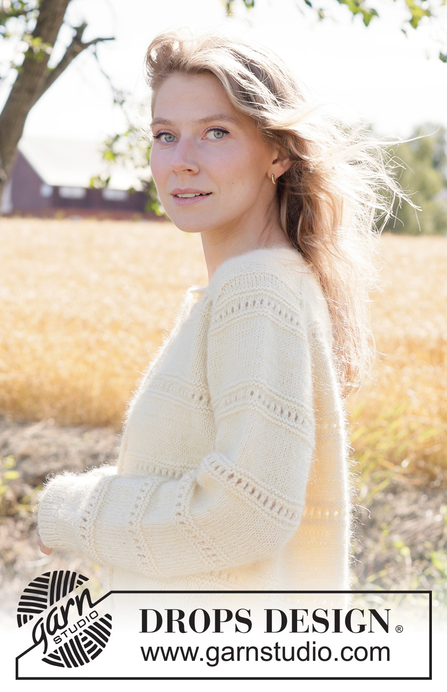 Soft Daffodil Cardigan / DROPS 268-13 - Knitted jacket in 1 strand DROPS Baby Merino and 1 strand DROPS Kid-Silk. The piece is worked top down in stocking stitch with European yoke, rolled neck-edge, I-cord and lace pattern.  Sizes XS - XXXL.