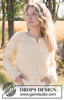 Soft Daffodil Cardigan / DROPS 268-13 - Knitted jacket in 1 strand DROPS Baby Merino and 1 strand DROPS Kid-Silk. The piece is worked top down in stocking stitch with European yoke, rolled neck-edge, I-cord and lace pattern.  Sizes XS - XXXL.