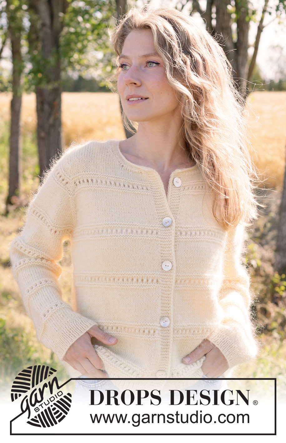 Soft Daffodil Cardigan / DROPS 268-13 - Knitted jacket in 1 strand DROPS Baby Merino and 1 strand DROPS Kid-Silk. The piece is worked top down in stocking stitch with European yoke, rolled neck-edge, I-cord and lace pattern.  Sizes XS - XXXL.