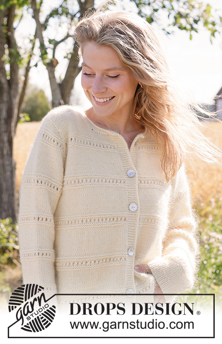 Soft Daffodil Cardigan / DROPS 268-13 - Knitted jacket in 1 strand DROPS Baby Merino and 1 strand DROPS Kid-Silk. The piece is worked top down in stocking stitch with European yoke, rolled neck-edge, I-cord and lace pattern.  Sizes XS - XXXL.