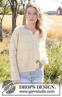 Soft Daffodil Cardigan / DROPS 268-13 - Knitted jacket in 1 strand DROPS Baby Merino and 1 strand DROPS Kid-Silk. The piece is worked top down in stocking stitch with European yoke, rolled neck-edge, I-cord and lace pattern.  Sizes XS - XXXL.