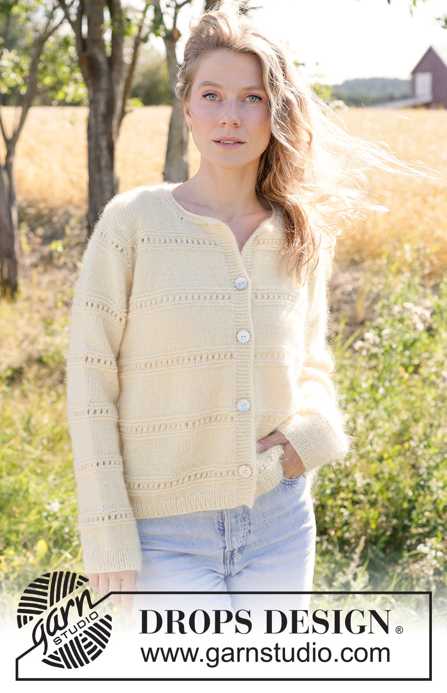 Soft Daffodil Cardigan / DROPS 268-13 - Knitted jacket in 1 strand DROPS Baby Merino and 1 strand DROPS Kid-Silk. The piece is worked top down in stocking stitch with European yoke, rolled neck-edge, I-cord and lace pattern.  Sizes XS - XXXL.