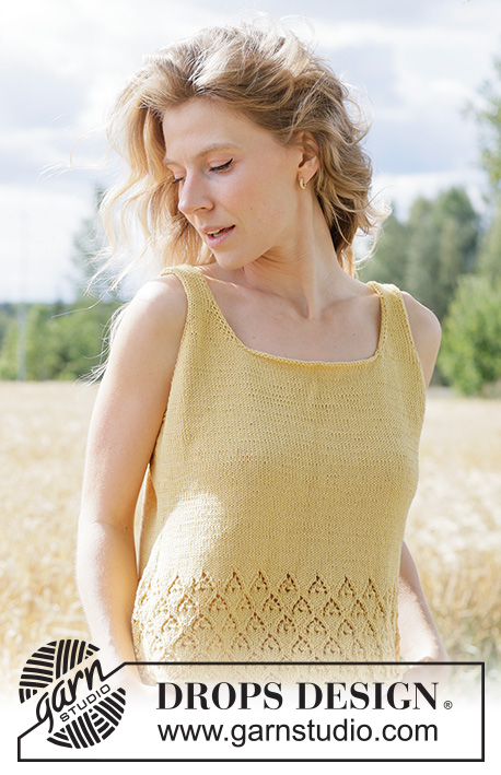 Sunflower Slip Top / DROPS 268-14 - Top de punto / top sin mangas en DROPS Safran. La pieza está tejida de arriba hacia abajo con patrón de calados y I-cord. Tallas XS – XXXL.