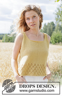 Sunflower Slip Top / DROPS 268-14 - Top de punto / top sin mangas en DROPS Safran. La pieza está tejida de arriba hacia abajo con patrón de calados y I-cord. Tallas XS – XXXL.