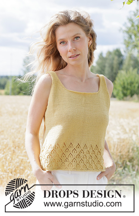 Sunflower Slip Top / DROPS 268-14 - Top de punto / top sin mangas en DROPS Safran. La pieza está tejida de arriba hacia abajo con patrón de calados y I-cord. Tallas XS – XXXL.