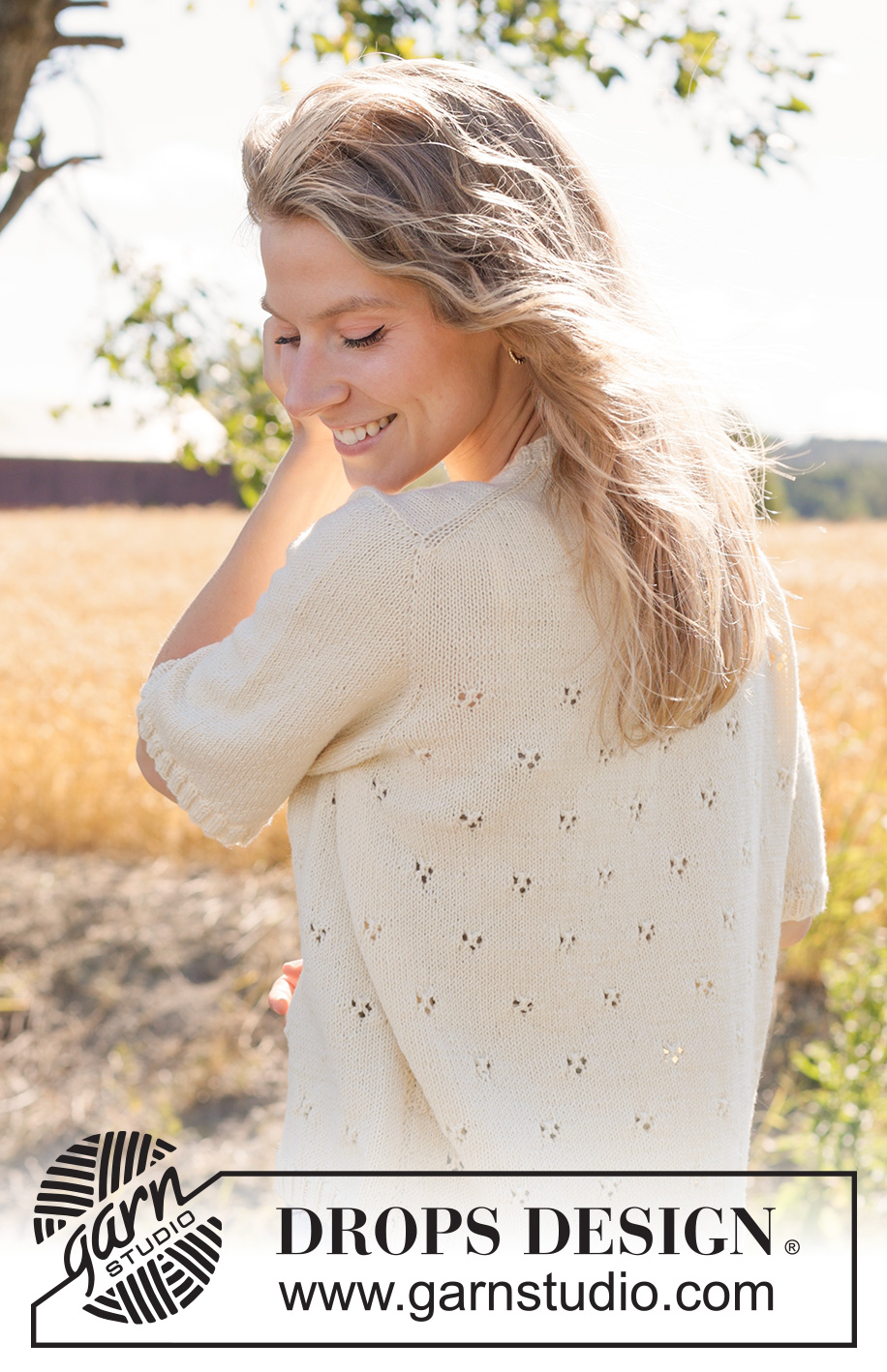 Spring Dawn Top / DROPS 268-16 - Knitted jumper with short sleeves in DROPS BabyMerino or DROPS Safran. Piece is knitted top down with European yoke, short sleeves and lace pattern. Size XS – XXXL.