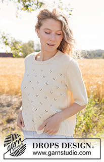 Spring Dawn Top / DROPS 268-16 - Knitted jumper with short sleeves in DROPS BabyMerino or DROPS Safran. Piece is knitted top down with European yoke, short sleeves and lace pattern. Size XS – XXXL.