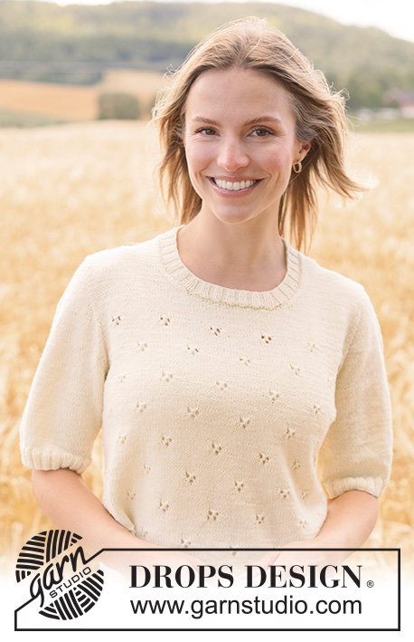 Spring Dawn Top / DROPS 268-16 - Knitted jumper with short sleeves in DROPS BabyMerino or DROPS Safran. Piece is knitted top down with European yoke, short sleeves and lace pattern. Size XS – XXXL.
