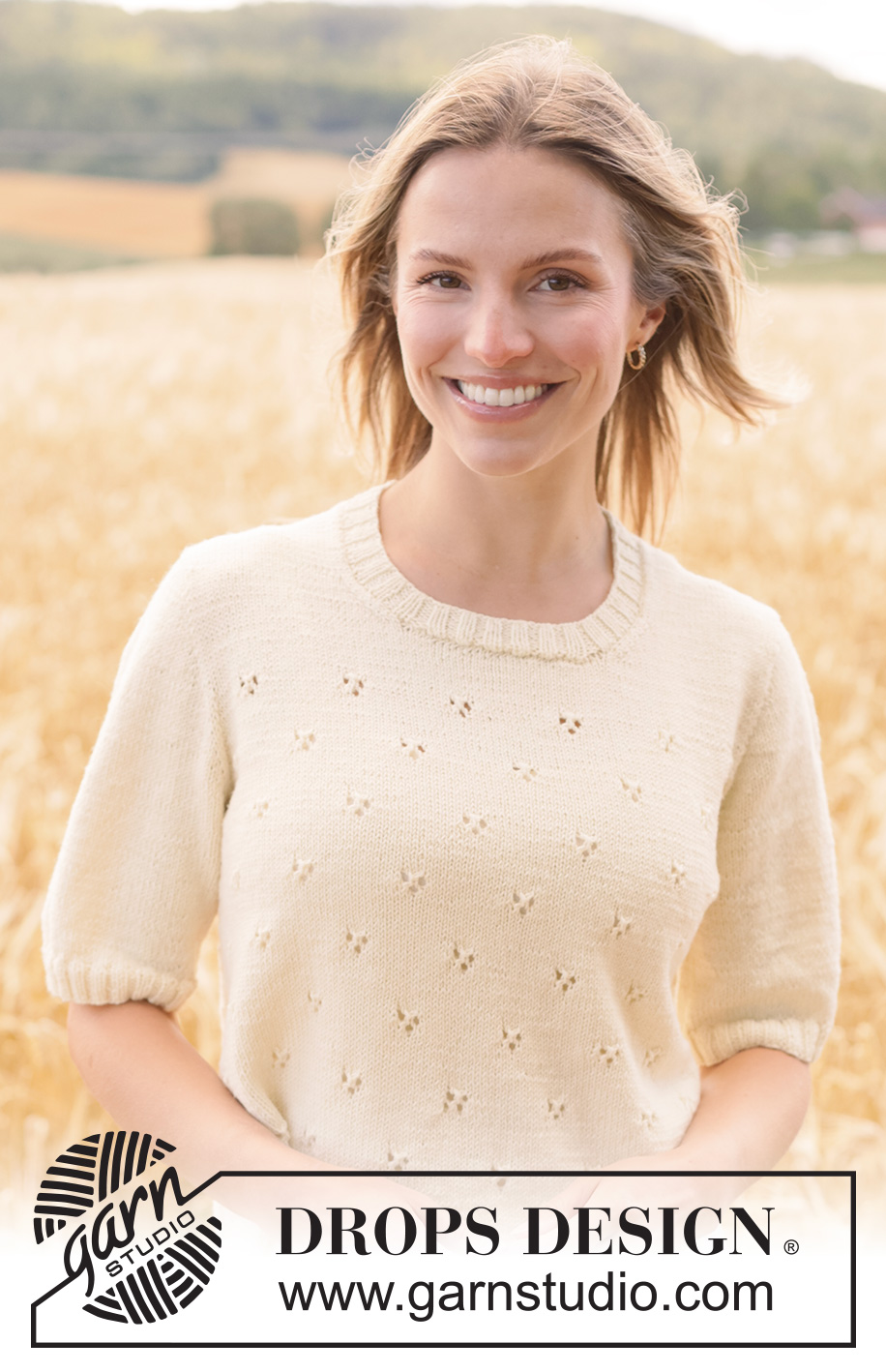 Spring Dawn Top / DROPS 268-16 - Knitted jumper with short sleeves in DROPS BabyMerino or DROPS Safran. Piece is knitted top down with European yoke, short sleeves and lace pattern. Size XS – XXXL.