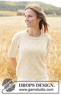 Spring Dawn Top / DROPS 268-16 - Knitted jumper with short sleeves in DROPS BabyMerino or DROPS Safran. Piece is knitted top down with European yoke, short sleeves and lace pattern. Size XS – XXXL.