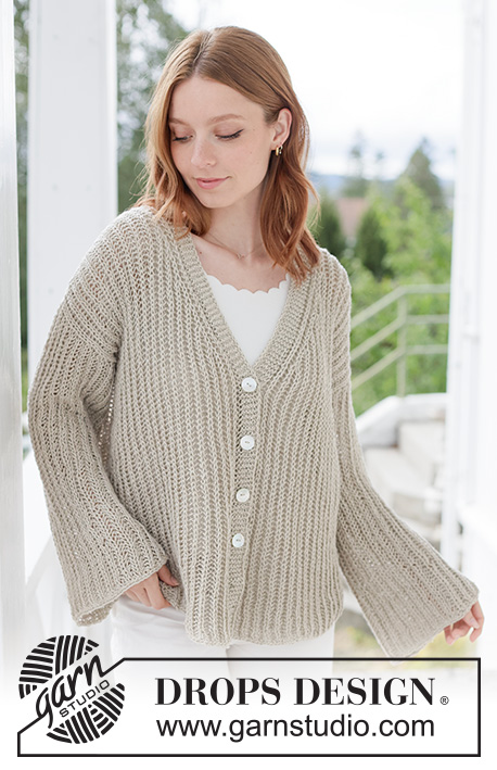 Spell of Summer Cardigan / DROPS 268-17 - Ylhäältä alas neulottu jakku DROPS Bomull-Lin -langasta. Työssä on täyspatenttineuletta, V-aukko ja i-cord-reunus. Koot XS - XXXL.