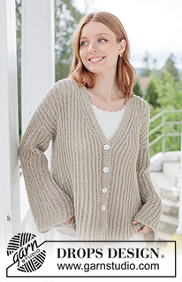 Spell of Summer Cardigan / DROPS 268-17 - Ylhäältä alas neulottu jakku DROPS Bomull-Lin -langasta. Työssä on täyspatenttineuletta, V-aukko ja i-cord-reunus. Koot XS - XXXL.