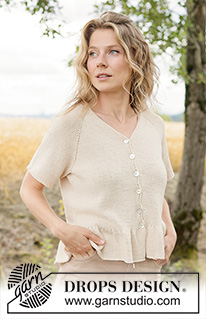 Vanilla Twirl Cardigan / DROPS 268-19 - Knitted jacket in DROPS Safran. The piece is worked top down in stocking stitch with raglan, V-neck, I-cord, flounces and short sleeves. Sizes XS - XXXL.