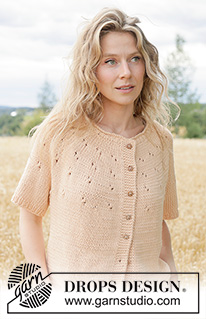 Peach Whisper Cardi / DROPS 268-21 - Chaqueta a punto con manga corta en DROPS Paris. La labor se trabaja de arriba abajo con borde enrollado, I-cord, canesú redondo y patrón de calados en el canesú. Talla XS – XXXL.
